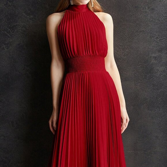 Red Party Women's Shirred Waist Halter Neck Pleated Long Dress - Picture 7 of 7